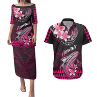 Hawaii Couples Matching Puletasi Dress and Hawaiian Shirt Polynesian Shark with Kakau Pink Version - Wonder Print Shop