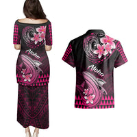 Hawaii Couples Matching Puletasi Dress and Hawaiian Shirt Polynesian Shark with Kakau Pink Version - Wonder Print Shop