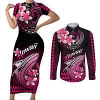 Hawaii Couples Matching Short Sleeve Bodycon Dress and Long Sleeve Button Shirts Polynesian Shark with Kakau Pink Version - Wonder Print Shop