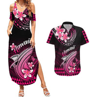 Hawaii Couples Matching Summer Maxi Dress and Hawaiian Shirt Polynesian Shark with Kakau Pink Version - Wonder Print Shop