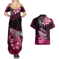 Hawaii Couples Matching Summer Maxi Dress and Hawaiian Shirt Polynesian Shark with Kakau Pink Version - Wonder Print Shop