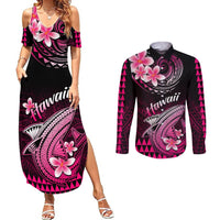 Pink floral polynesian maxi dress and long-sleeve button shirt, matching tribal shark print