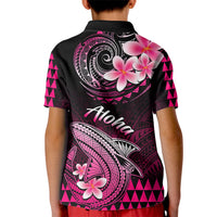 Kids black polo shirt with pink back print: shark, plumeria flowers, and Aloha text