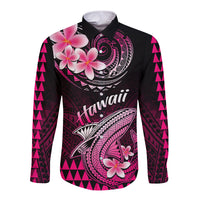 Hawaii Long Sleeve Button Shirt Polynesian Shark with Kakau Pink Version - Wonder Print Shop
