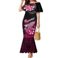 Women’s off-shoulder mermaid dress, black with pink tribal shark-and-flower print, flared hem