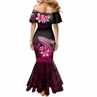 Women’s off-shoulder mermaid dress, black with pink tribal shark print and flared bottom