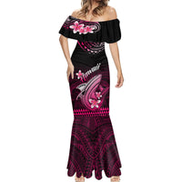 Women’s off-shoulder mermaid dress with black fabric and pink Polynesian shark floral print