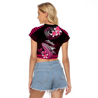Hawaii Raglan Cropped T Shirt Polynesian Shark with Kakau Pink Version - Wonder Print Shop