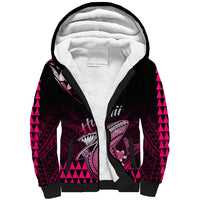 Unisex sherpa hoodie with pink-and-black Polynesian shark graphic, sherpa-lined hood