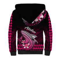 Unisex sherpa hoodie, pink-and-black tribal back print with 'Aloha' and shark graphic