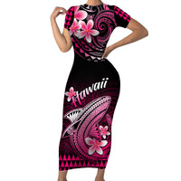 Hawaii Short Sleeve Bodycon Dress Polynesian Shark with Kakau Pink Version - Wonder Print Shop