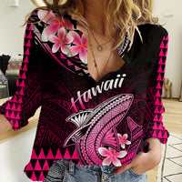 Hawaii Women Casual Shirt Polynesian Shark with Kakau Pink Version - Wonder Print Shop