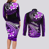 Hawaii Couples Matching Long Sleeve Bodycon Dress and Long Sleeve Button Shirts Polynesian Shark with Kakau Purple Version - Wonder Print Shop