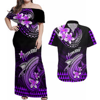 Hawaii Couples Matching Off Shoulder Maxi Dress and Hawaiian Shirt Polynesian Shark with Kakau Purple Version - Wonder Print Shop