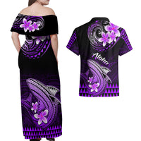 Hawaii Couples Matching Off Shoulder Maxi Dress and Hawaiian Shirt Polynesian Shark with Kakau Purple Version - Wonder Print Shop
