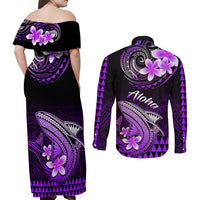 Hawaii Couples Matching Off Shoulder Maxi Dress and Long Sleeve Button Shirts Polynesian Shark with Kakau Purple Version - Wonder Print Shop