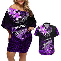 Hawaii Couples Matching Off Shoulder Short Dress and Hawaiian Shirt Polynesian Shark with Kakau Purple Version - Wonder Print Shop