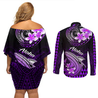 Hawaii Couples Matching Off Shoulder Short Dress and Long Sleeve Button Shirts Polynesian Shark with Kakau Purple Version - Wonder Print Shop