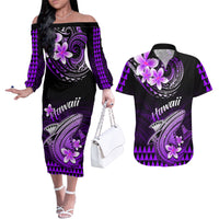Hawaii Couples Matching Off The Shoulder Long Sleeve Dress and Hawaiian Shirt Polynesian Shark with Kakau Purple Version - Wonder Print Shop