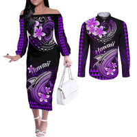 hawaii-couples-matching-off-the-shoulder-long-sleeve-dress-and-long-sleeve-button-shirts-polynesian-shark-with-kakau-purple-version