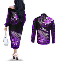 hawaii-couples-matching-off-the-shoulder-long-sleeve-dress-and-long-sleeve-button-shirts-polynesian-shark-with-kakau-purple-version