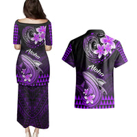Hawaii Couples Matching Puletasi Dress and Hawaiian Shirt Polynesian Shark with Kakau Purple Version - Wonder Print Shop