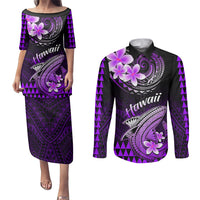 Hawaii Couples Matching Puletasi Dress and Long Sleeve Button Shirts Polynesian Shark with Kakau Purple Version - Wonder Print Shop