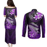 Hawaii Couples Matching Puletasi Dress and Long Sleeve Button Shirts Polynesian Shark with Kakau Purple Version - Wonder Print Shop
