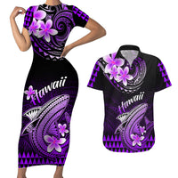 Hawaii Couples Matching Short Sleeve Bodycon Dress and Hawaiian Shirt Polynesian Shark with Kakau Purple Version - Wonder Print Shop