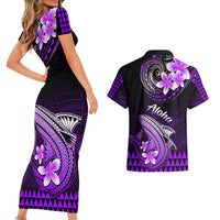 Hawaii Couples Matching Short Sleeve Bodycon Dress and Hawaiian Shirt Polynesian Shark with Kakau Purple Version - Wonder Print Shop