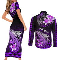 Hawaii Couples Matching Short Sleeve Bodycon Dress and Long Sleeve Button Shirts Polynesian Shark with Kakau Purple Version - Wonder Print Shop