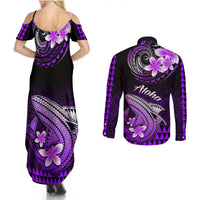 Purple-black maxi dress set back view: off-shoulder dress + long-sleeve shark floral shirt