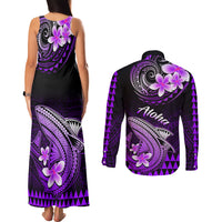 Hawaii Couples Matching Tank Maxi Dress and Long Sleeve Button Shirts Polynesian Shark with Kakau Purple Version - Wonder Print Shop