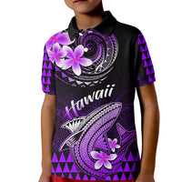 Kids' purple polo shirt with black Polynesian shark print and plumeria flowers