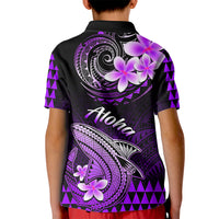 Kids' black polo shirt with purple Polynesian shark graphic, Aloha script, flowers
