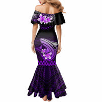 Women’s off-shoulder purple mermaid dress with black top and floral shark motif