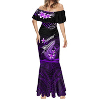 Women’s purple mermaid maxi dress with 'Hawaii' script, off-shoulder black yoke