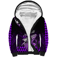 Sherpa-lined zip hoodie, purple shark graphic, patterned sleeves