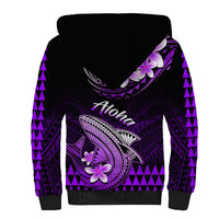 Sherpa-lined hoodie with purple 'Aloha' print and shark graphic on back