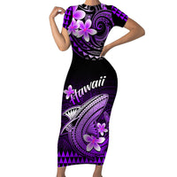 Hawaii Short Sleeve Bodycon Dress Polynesian Shark with Kakau Purple Version - Wonder Print Shop