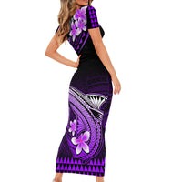Hawaii Short Sleeve Bodycon Dress Polynesian Shark with Kakau Purple Version - Wonder Print Shop