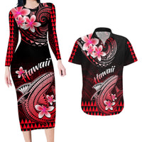 Hawaii Couples Matching Long Sleeve Bodycon Dress and Hawaiian Shirt Polynesian Shark with Kakau Red Version - Wonder Print Shop