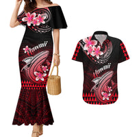 Hawaii Couples Matching Mermaid Dress and Hawaiian Shirt Polynesian Shark with Kakau Red Version - Wonder Print Shop