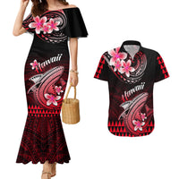Off-shoulder mermaid maxi dress and short-sleeve Hawaiian shirt, black red pink graphics