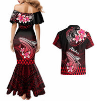 Off-shoulder mermaid dress and short-sleeve Hawaiian shirt, black red pink back print