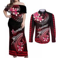 Hawaii Couples Matching Off Shoulder Maxi Dress and Long Sleeve Button Shirts Polynesian Shark with Kakau Red Version - Wonder Print Shop