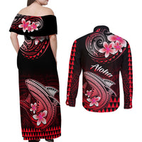Hawaii Couples Matching Off Shoulder Maxi Dress and Long Sleeve Button Shirts Polynesian Shark with Kakau Red Version - Wonder Print Shop