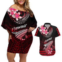Hawaii Couples Matching Off Shoulder Short Dress and Hawaiian Shirt Polynesian Shark with Kakau Red Version - Wonder Print Shop