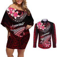 Hawaii Couples Matching Off Shoulder Short Dress and Long Sleeve Button Shirts Polynesian Shark with Kakau Red Version - Wonder Print Shop