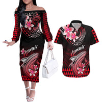 Hawaii Couples Matching Off The Shoulder Long Sleeve Dress and Hawaiian Shirt Polynesian Shark with Kakau Red Version - Wonder Print Shop